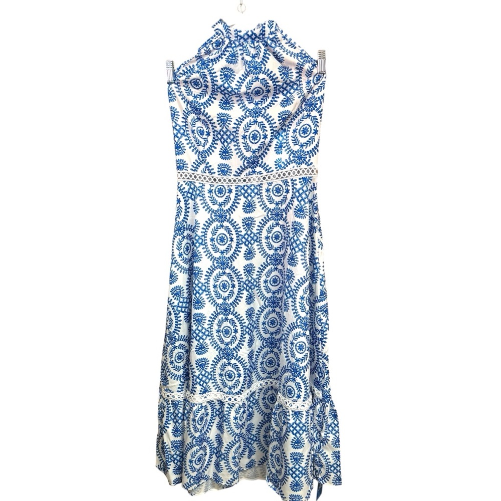 Blue & White Ornate Halterneck Sleeveless Midi Dress Size M - Picture 6 of 10